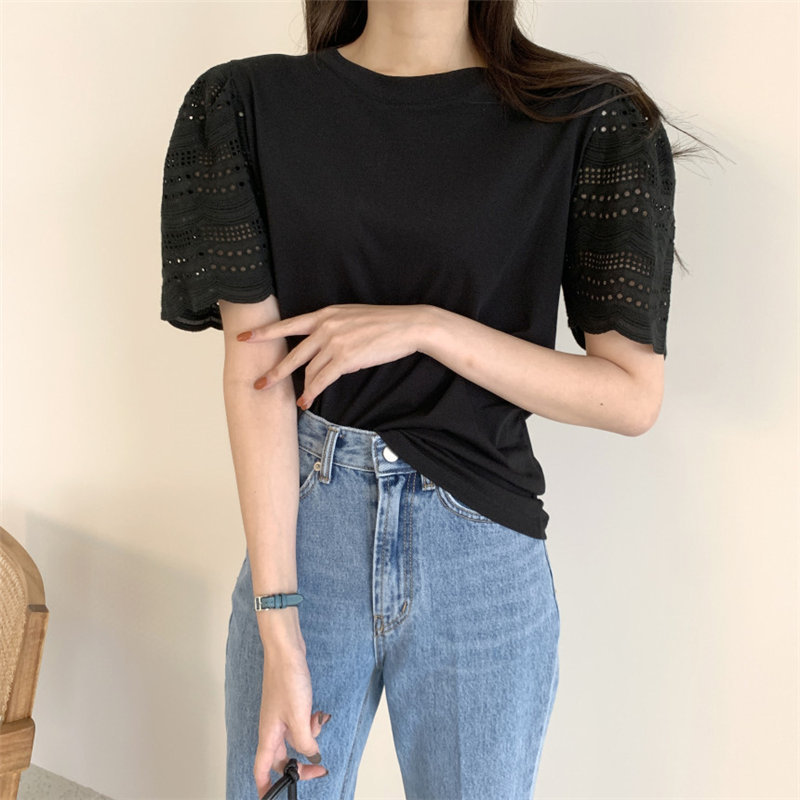 Stylish Loose All Match Patchwork Lace Summer Sweet Chic Gentle Casual Slim Lady OL Short Sleeves T-shirts 210421