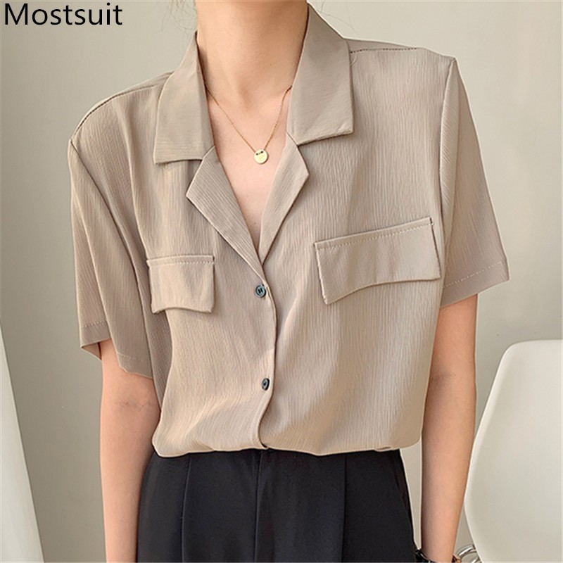 Summer Korean Vintage Women Shirt Tops Notched Collar Single Breasted Pockets Female Blouses Blusas Mujer 210514