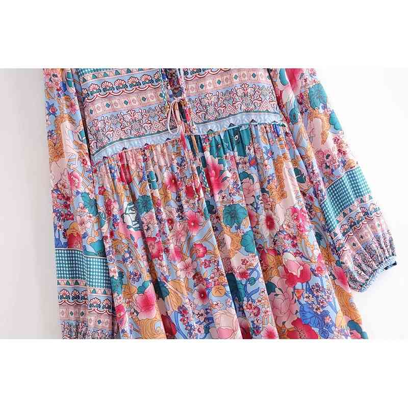 Autumn Bohemian Lace up V neck Location Floral Print Maxi Long Dress BOHO Hippie Woman Bandage Sleeve Dresses Vestido 210429