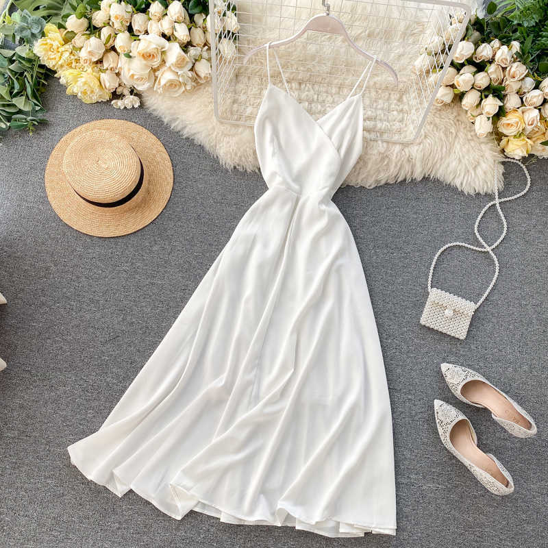 Chic Women's Beach Holiday Ins V Neck Sleeveless Backless Bow High Waist A-line Dress Lady White Vestidos L294 210527