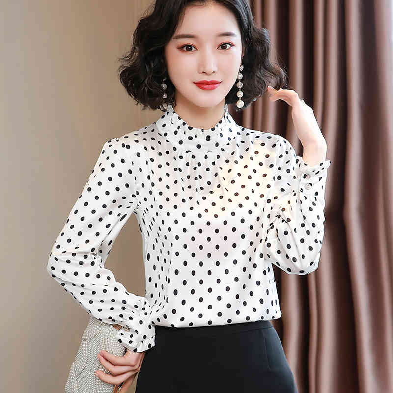 Casual Stand Collar Women Tops Spring Fashion Chiffon Shirts Long Sleeve Polka Dot Blouses Blusas 9068 50 210506