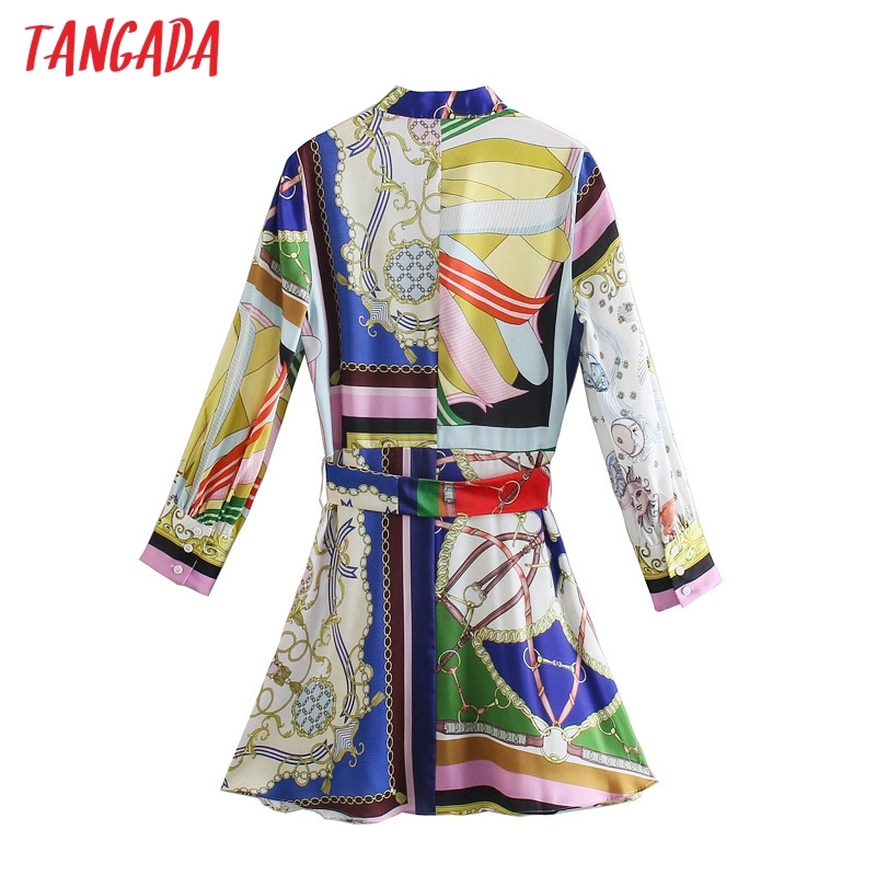 Summer Women Chain Print Long Sleeve with Slash Ladies Mini Dress Vestidos 5Z71 210416
