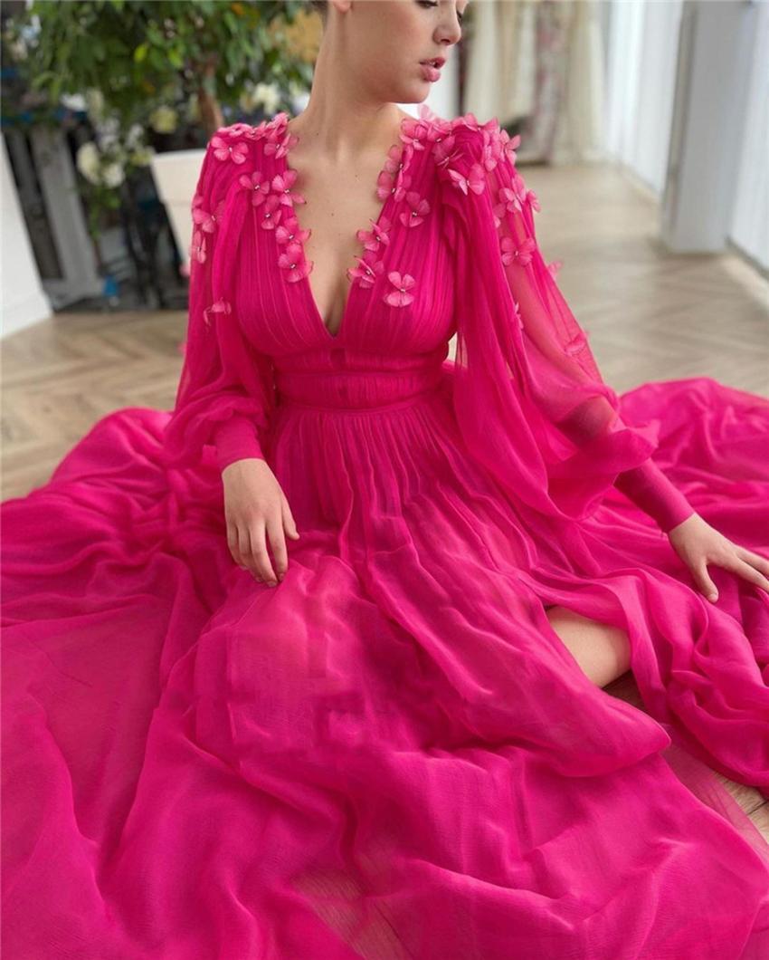 Bright Pink Chiffon Prom Dress With 3 D Butterfly Flowers Long Puff Sleeves V Neck Slit A Line Evening Dresses Custom Made Formal Party Wear
