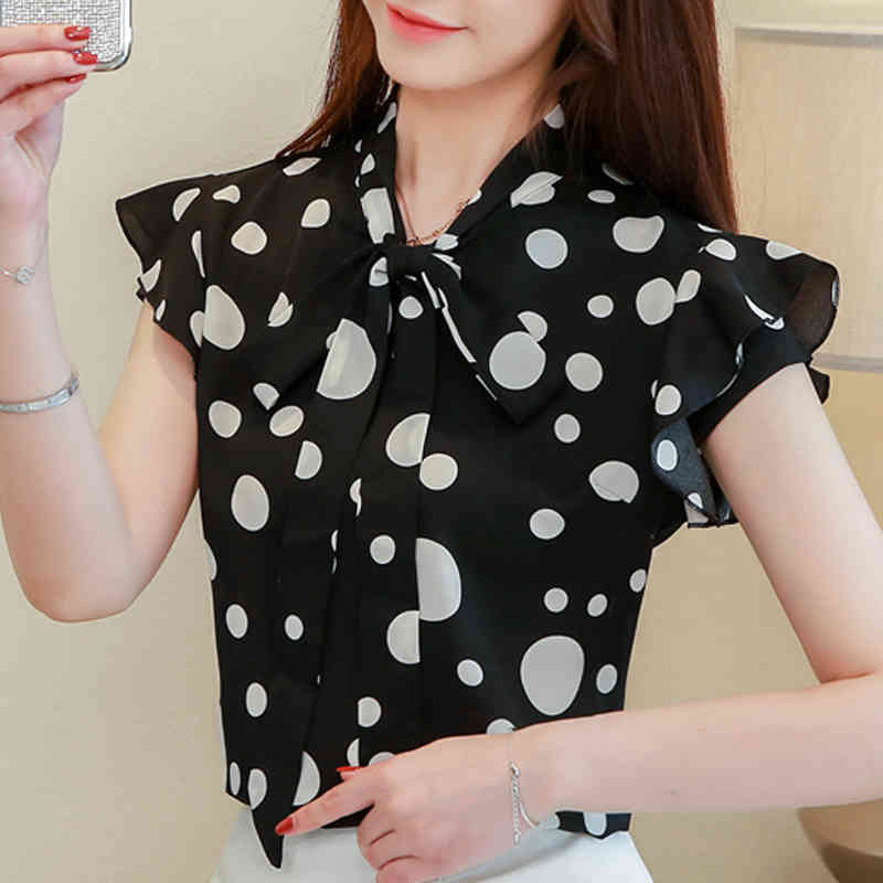 Fashion Summer Casual Women Tops V-neck Short Sleeve Bow Polka Dot Clothing Elegant Chiffon Blouses 5556 50 210508