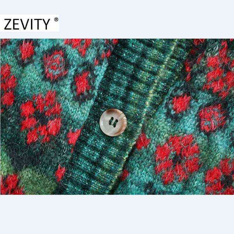 Zevity Women Vintage Square Collar Contrast Color Flower Print Knitting Sweater Female Long Sleeve Chic Cardigans Coat Tops S540 211109