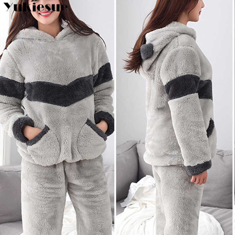 Autumn Winter Women Pyjamas Sets pajamas Sleepwear Suit Thick Warm Coral Flannel nightgown Female Cartoon Animal Pijama Mujer 210608