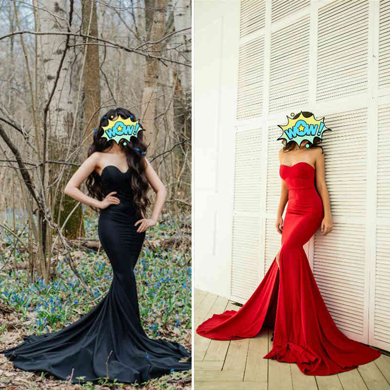 Sexy Strapless Long Black Maxi Dress Front Slit Bare Shoulder Red Women's Evening Summer Night Gown Party Maternity Dresses 210409