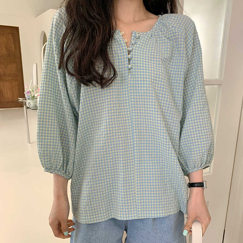 Korejpaa Women Shirt Summer Korean Age-Reducing Fresh Round Neck Small Breasted Loose Versatile Puff Sleeve Plaid Blouses 210526