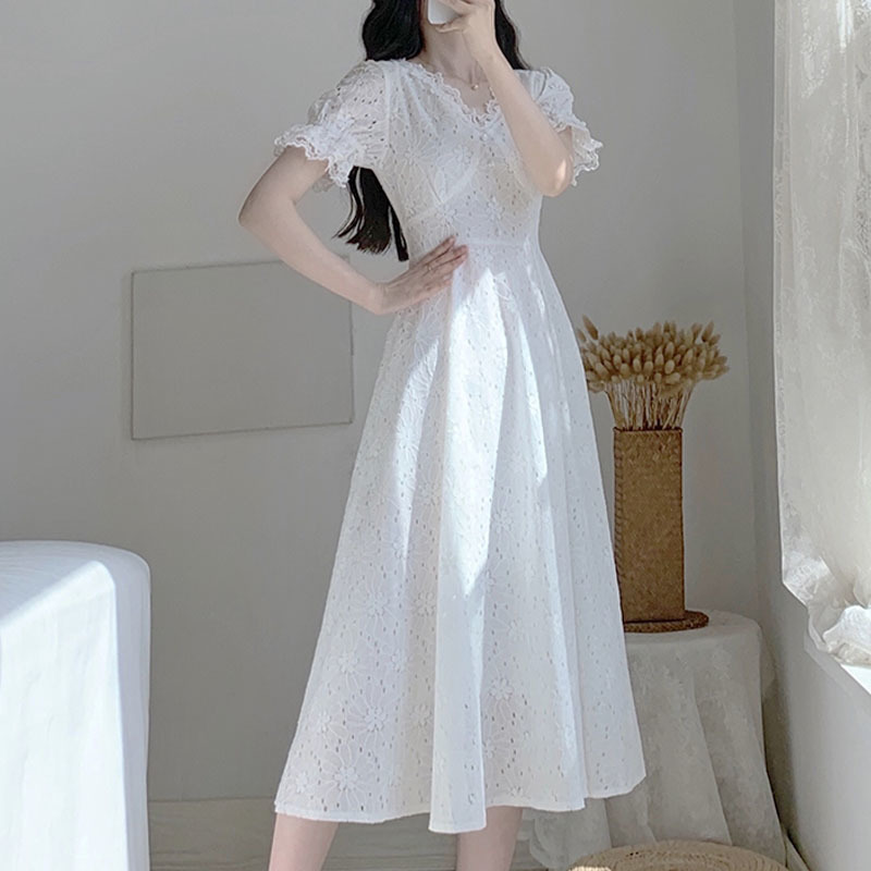 Vintage Elegant Dress Women Lace V-neck Dress Korean High Waist Evening Party Kawaii Fairy Dress Female Summer 210521