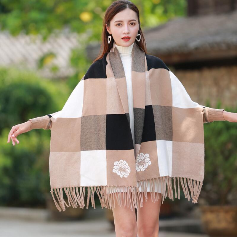 Female Autumn And Winter Large Plaid Shawl Dual-use Cloak Tassel Double-sided Jacquard Bat Sleeve Sweater Jacket 210427