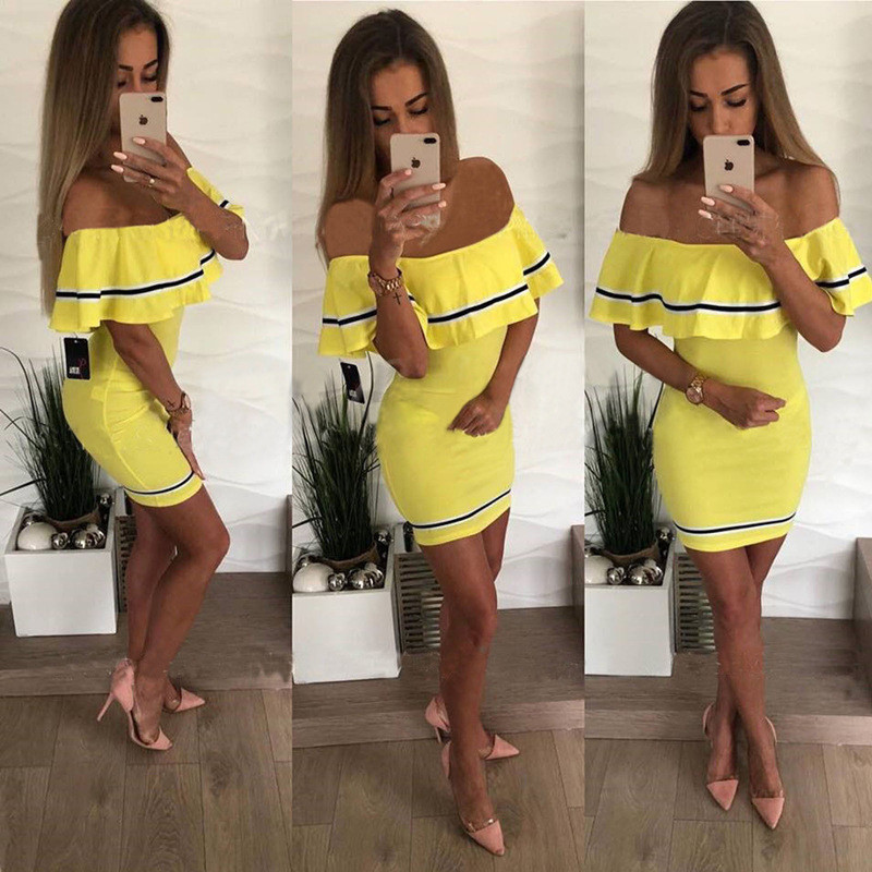 Off Shoulder Slash Neck Sexy Autumn Party Dress Striped Ruffles Short Sleeve Summer Dress Women Plus Size Casual Beach Vestidos 210331