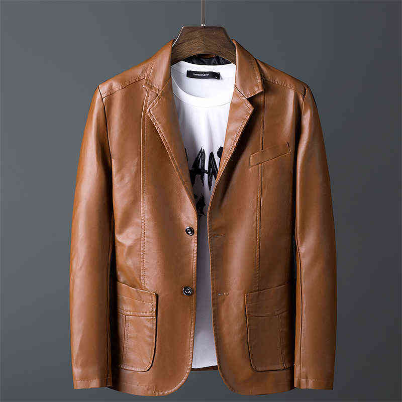 LBL Leather Jacket Male Slim Autumn Fashion Zipper Pockets PU Leather Men's Suit Jacket Pure Solid Color Leisure Coats 211111
