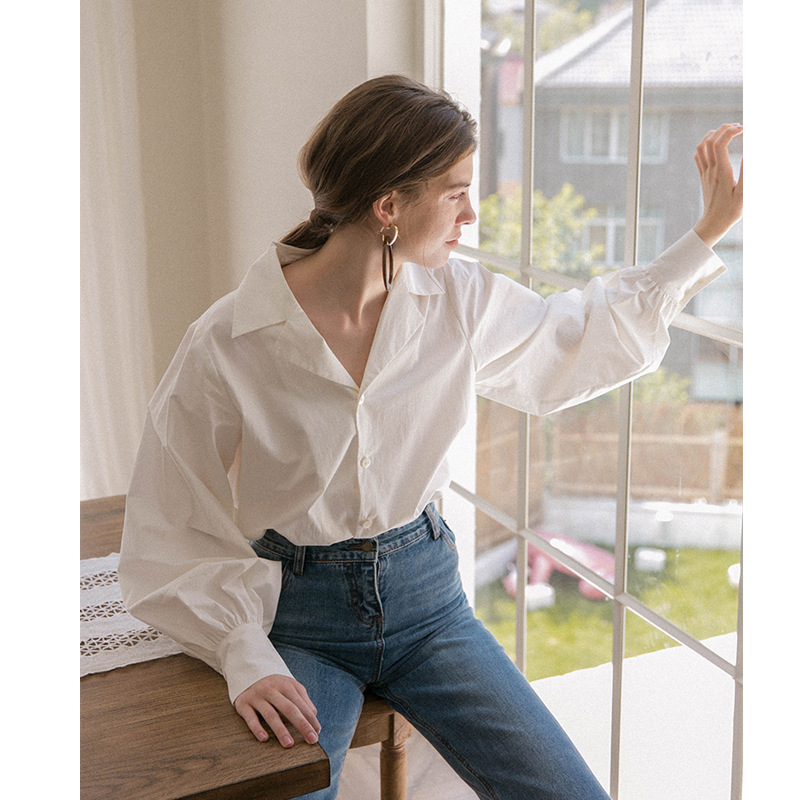 Loose Vintage White Shirt female Blouse Shirts Turn Down collar Lantern Long Sleeve Harajuku Female Elegant top 316F 210420