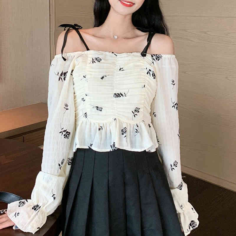 Vintage Floral Blouse Women Casual Square Collar Chiffon Korean Style Slim Tops Puff Sleeve Elegant Shirt Spring Kawaii 210521