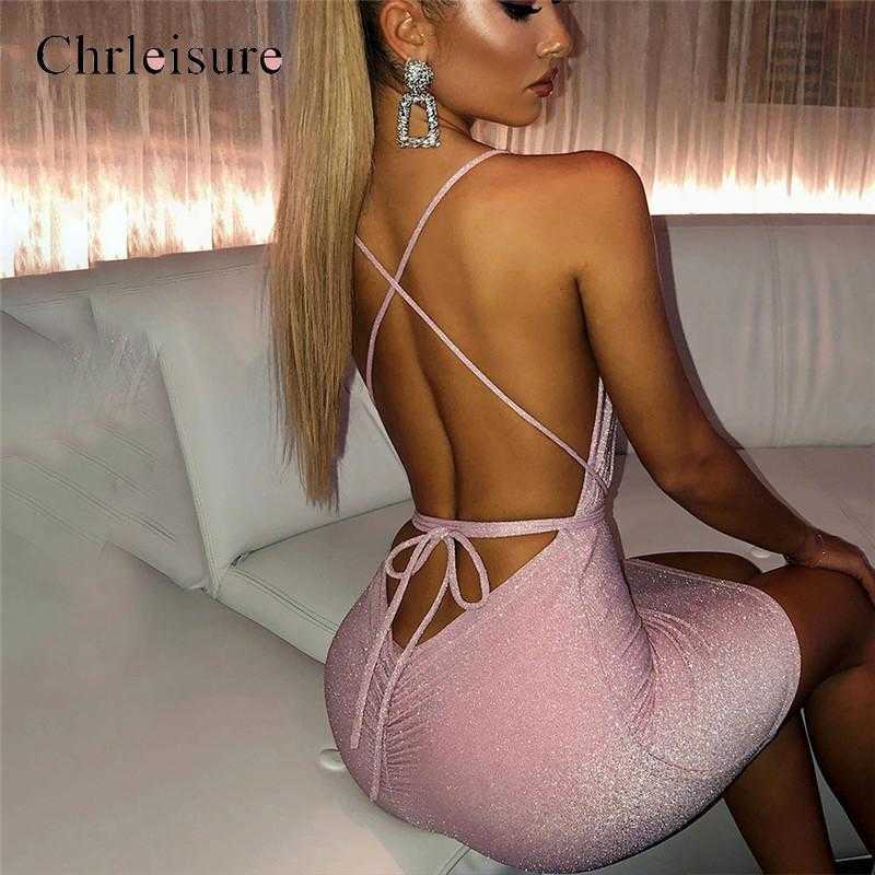 Sexy Backless Glitter Dres Deep V Bodycon Mini Dresses Summer Night Club Party dress 210623