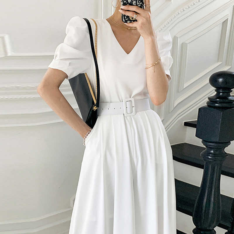 Korejpaa Women Jumpsuits Summer Korean Chic Elegant Temperament V-Neck Tie Waist Slimming Puff Sleeve Wide-Leg Trousers 210526