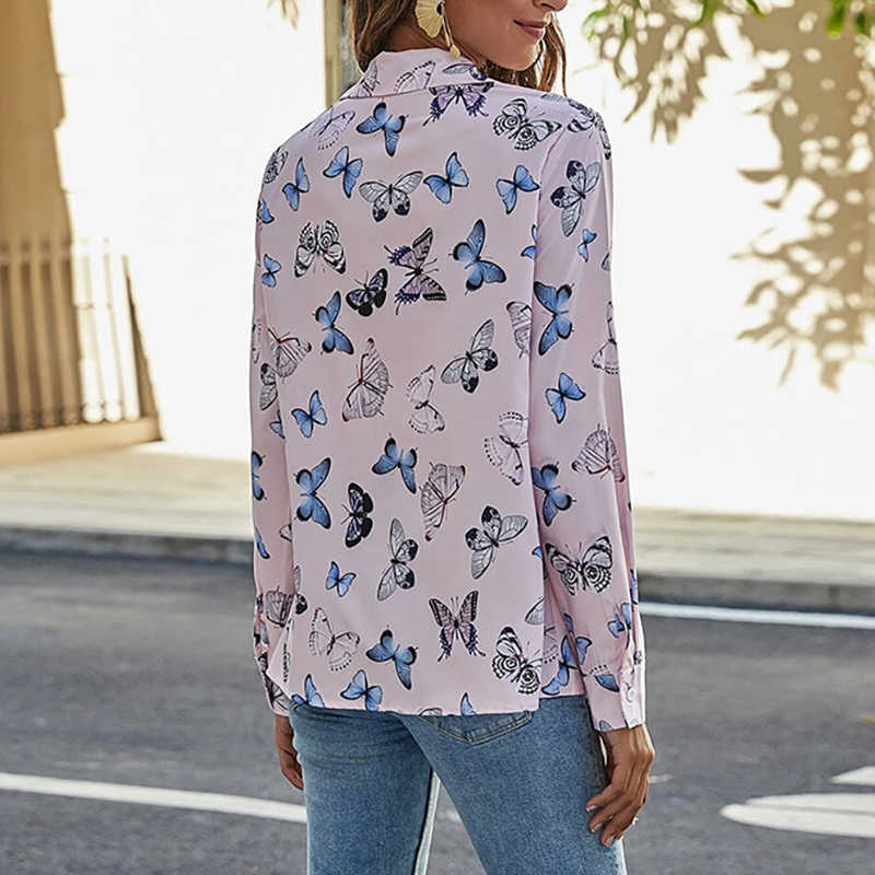 Floral Butterfly Women Blouse Casual Turn Down Neck Long Sleeve High Streetwear Lady Beach Blouses W272 210526