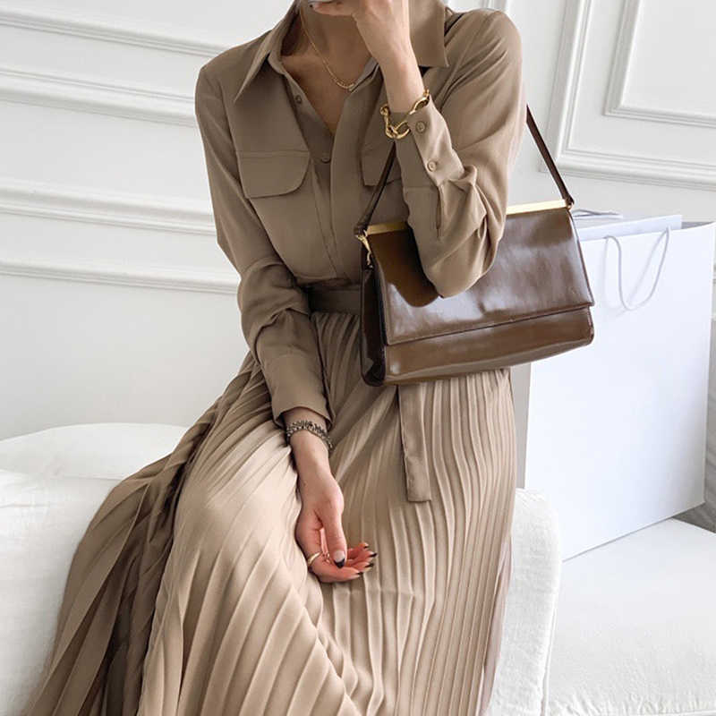 Korejpaa Women Dress Chic French Retro Lapel Single-breasted Printed Elegant Office Women's Pleated Dress Long Skirt Female 210526