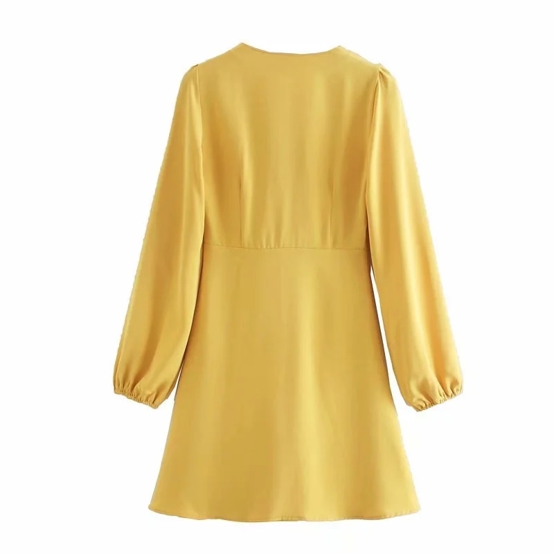 Foridol bowknot lace up yellow vintage chiffon dress women autumn winter long sleeve elegant casual ladies short dress 210415
