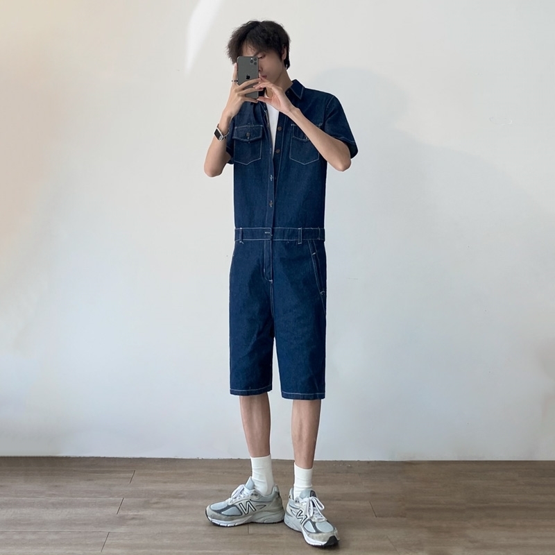 IEFB Summer Workwear Short Sleeve Jeans Jumpsuit Men's Korean Trend Loose Overalls Shorts Single Breasted 210524