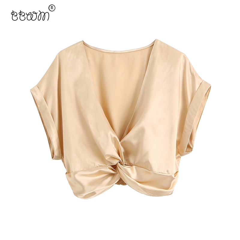Women Fashion Knot Decoration Satin Cropped Blouses Vintage Short Sleeves Back Elastic Shirts Female Chic Tops 210520, As picture
Women Fashion Knot Decoration Satin Cropped Blouses Vintage Short Sleeves Back Elastic Shirts Female Chic Tops 210520, As picture