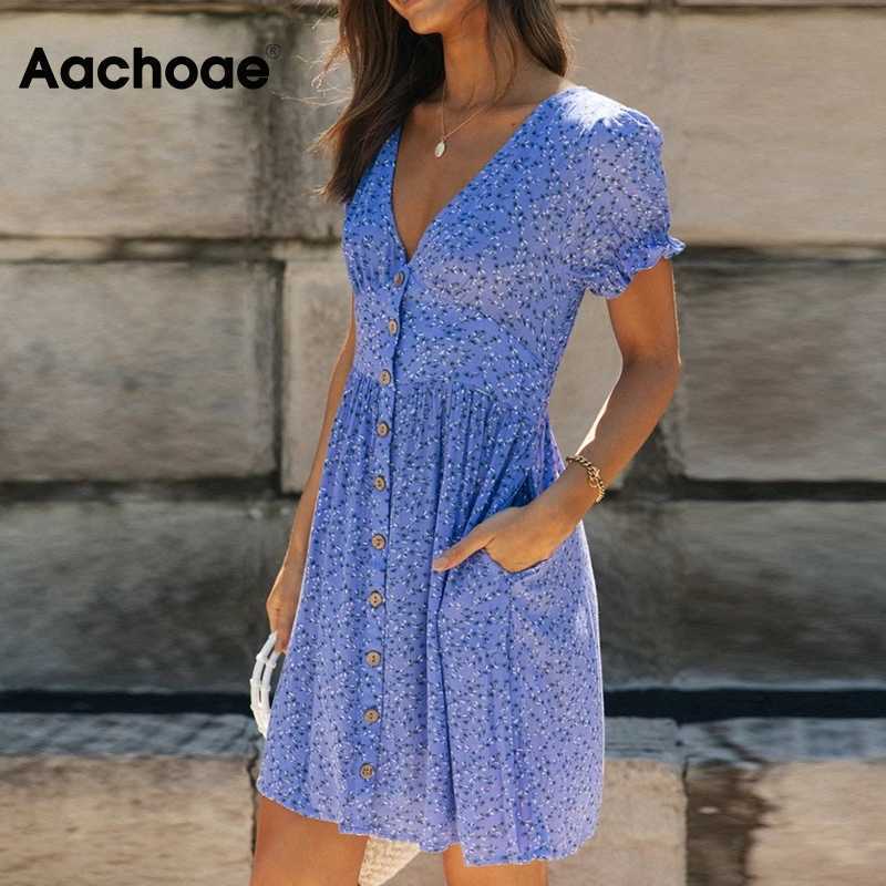 Aachoae Bohemian Floral Print Mini Dress Women V Neck Summer Beach Dress Ruffle Short Sleeve A-line Buttons Casual Dresses 210630