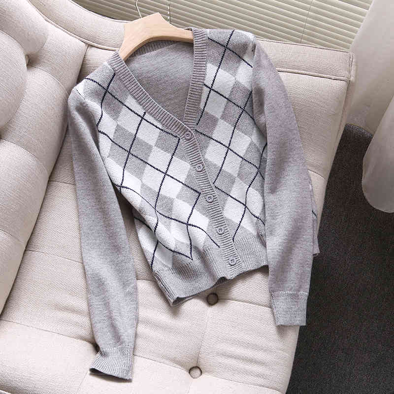 Elegant Women V-neck Button Sweater Autumn Fashion Ladies Plaid Female Sweet Girls Slim Cardigans Chic 210430