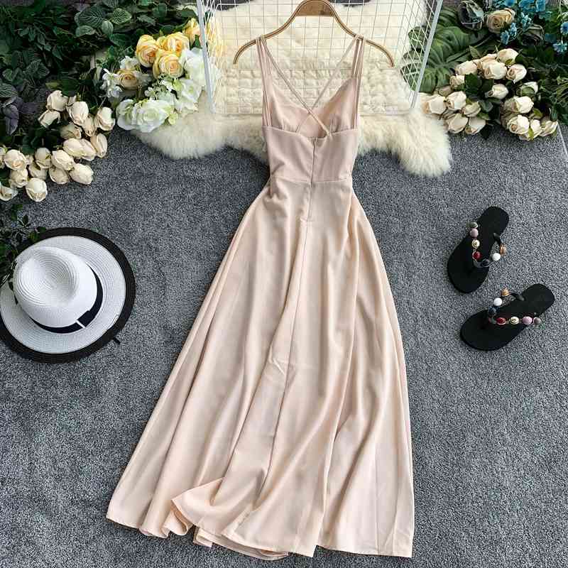 Beach Style Solid Vestidos Zipper Backless Sexy Summer Dress A-line Sleeveless Long Dresses 210521