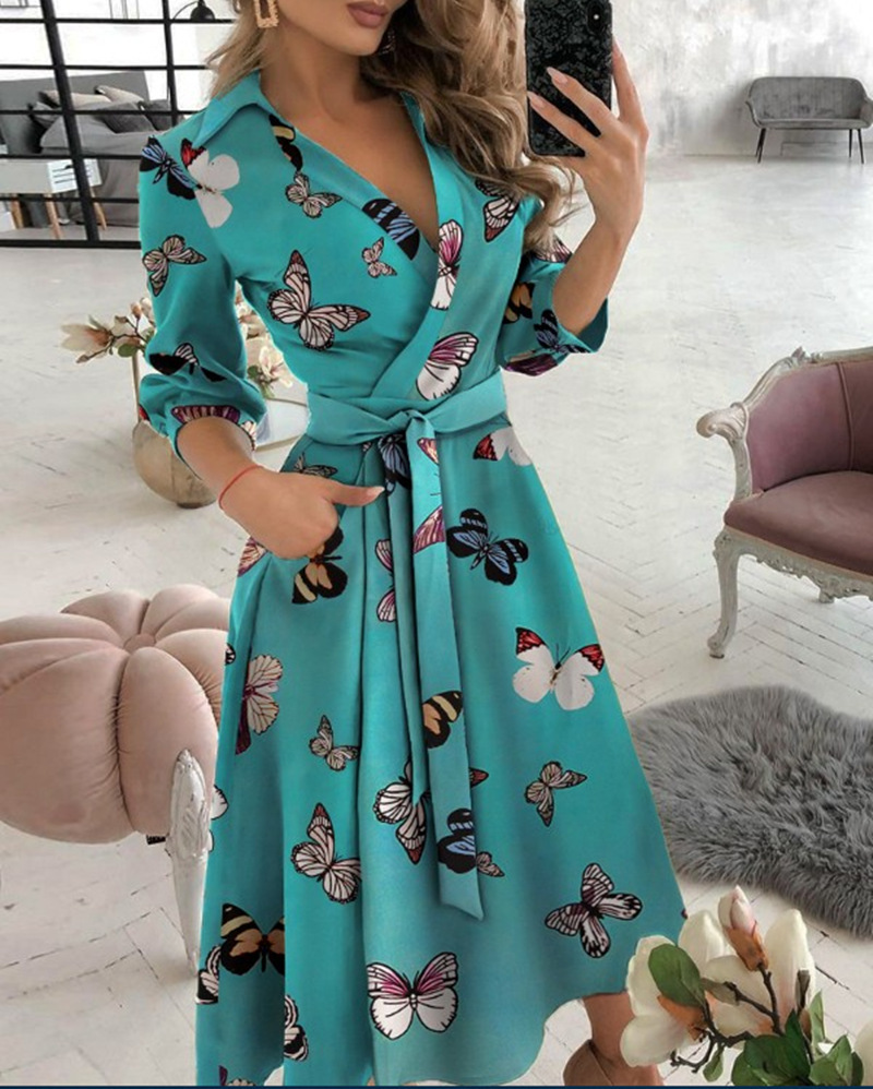 Women Casual Sashes A-Line Wrap Dress Ladies Print Long Sleeve V-Neck Pocket Elegant Office Lady Midi Party Vestidos 210522