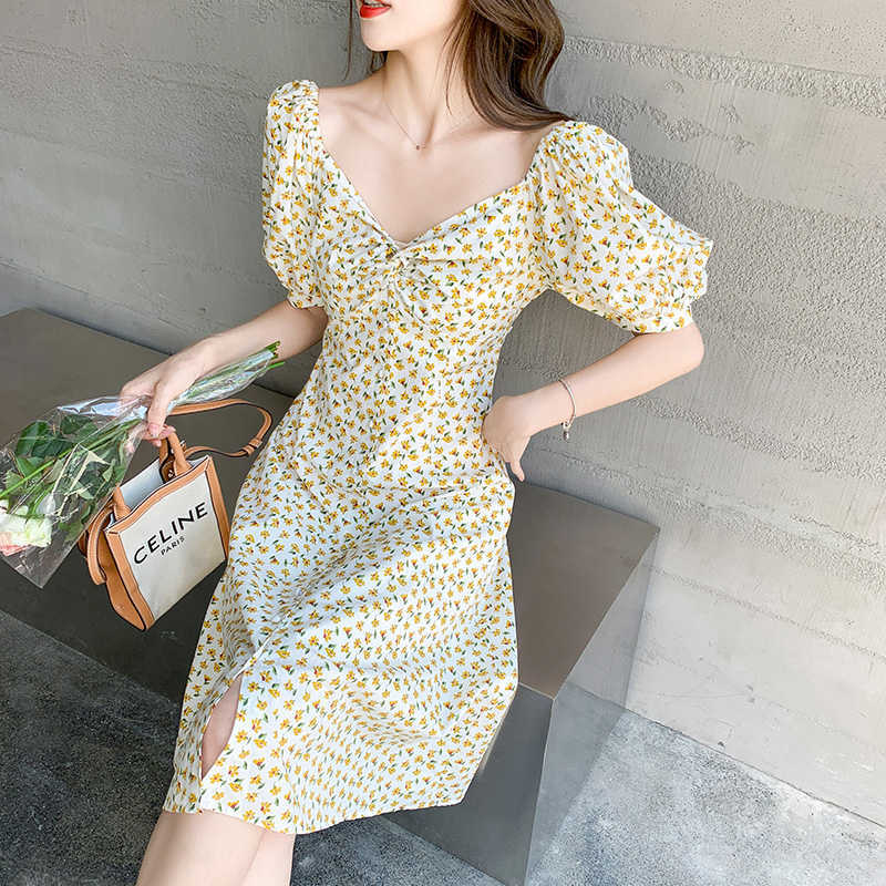 Woman Dres Short Puff Sleeve Flroal Printed Fashion Clothing High Waist Mid-calf V-neck Dresses Sexy Vestidos Sundress OL 210604, Yellow flowers
Woman Dres Short Puff Sleeve Flroal Printed Fashion Clothing High Waist Mid-calf V-neck Dresses Sexy Vestidos Sundress OL 210604, Yellow flowers