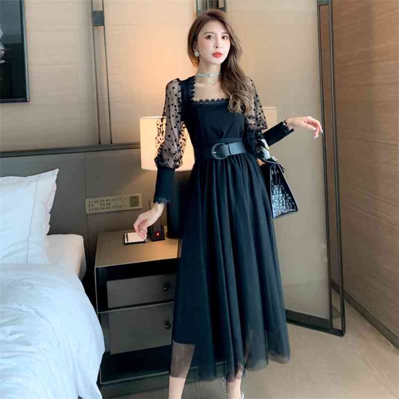 Casual suit autumn fashion Korean women's long sleeve square neck mesh dress Office Lady Cotton Square Collar 210603, Black
Casual suit autumn fashion Korean women's long sleeve square neck mesh dress Office Lady Cotton Square Collar 210603, Black