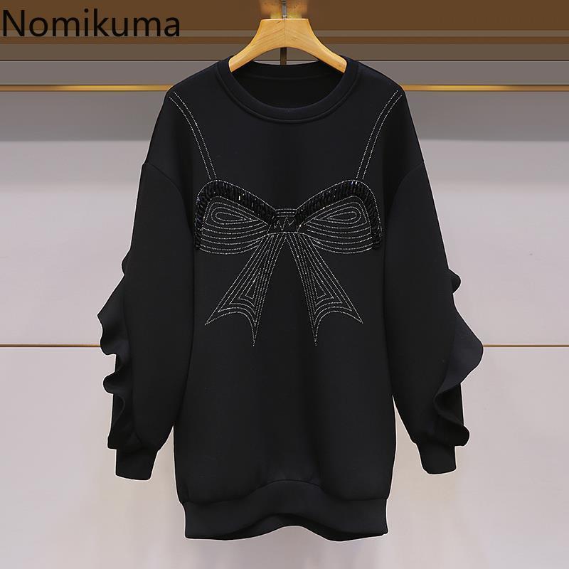 Nomikuma Korean Beads Diamonds Bowknot Pullover Sweatshirt Ruffle Patchwork Long Sleeve Hoodies Autumn Medium-long Jumper 6C726 210427