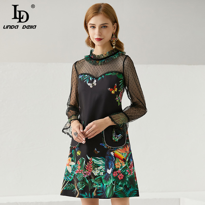 Summer Fashion Runway Vintage Dress Women Mesh Long Sleeve Embroidered Floral Print A Line Mini Dresses 210522