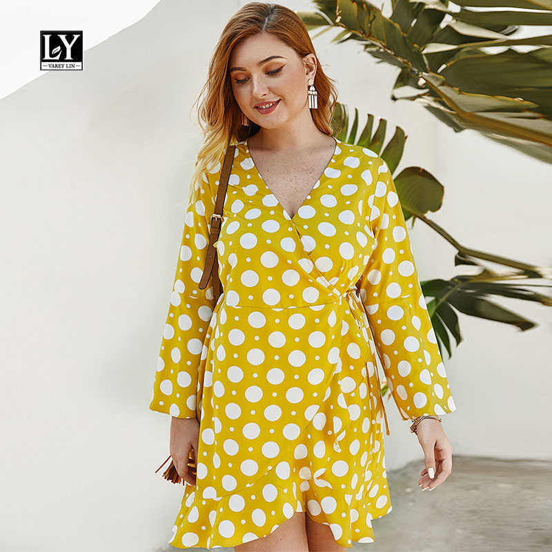 LY VAREY LIN Summer Autumn Elegant Polka Dot Dress Women Sashes Tie Up V Neck Ruffles Hem Long Sleeve Office Lady 210526, Yellow
LY VAREY LIN Summer Autumn Elegant Polka Dot Dress Women Sashes Tie Up V Neck Ruffles Hem Long Sleeve Office Lady 210526, Yellow