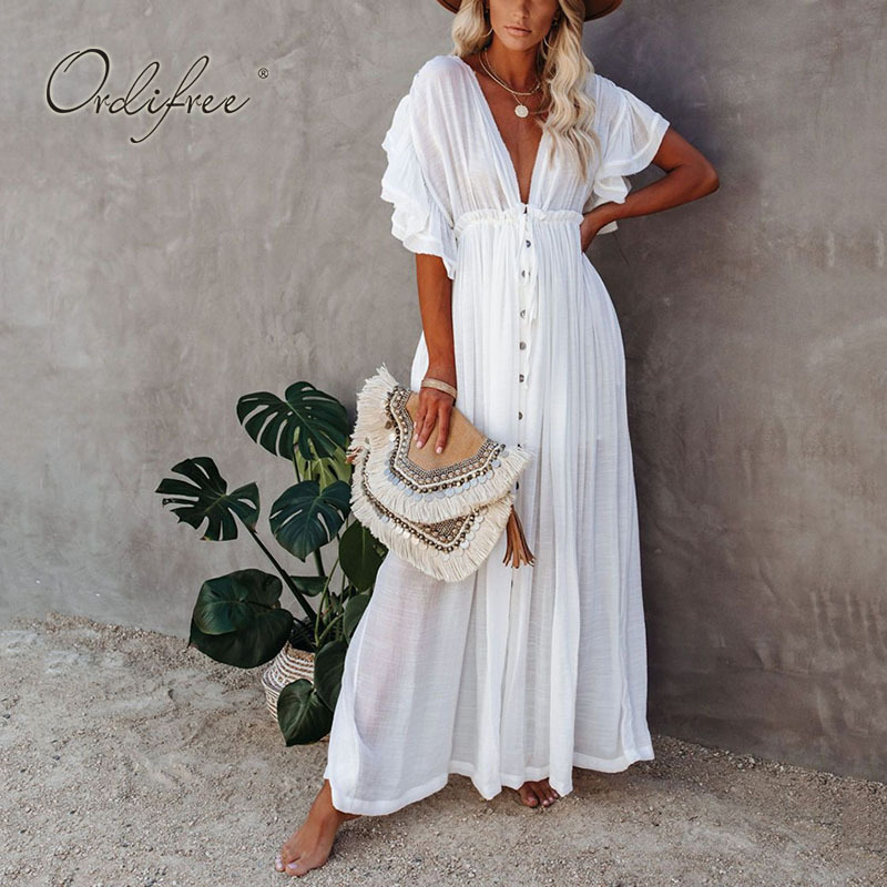 Women White Maxi Backless Deep V Neck Ruffle Single Breasted Belted Sexy Summer Long Vacation Beach Dress 210415