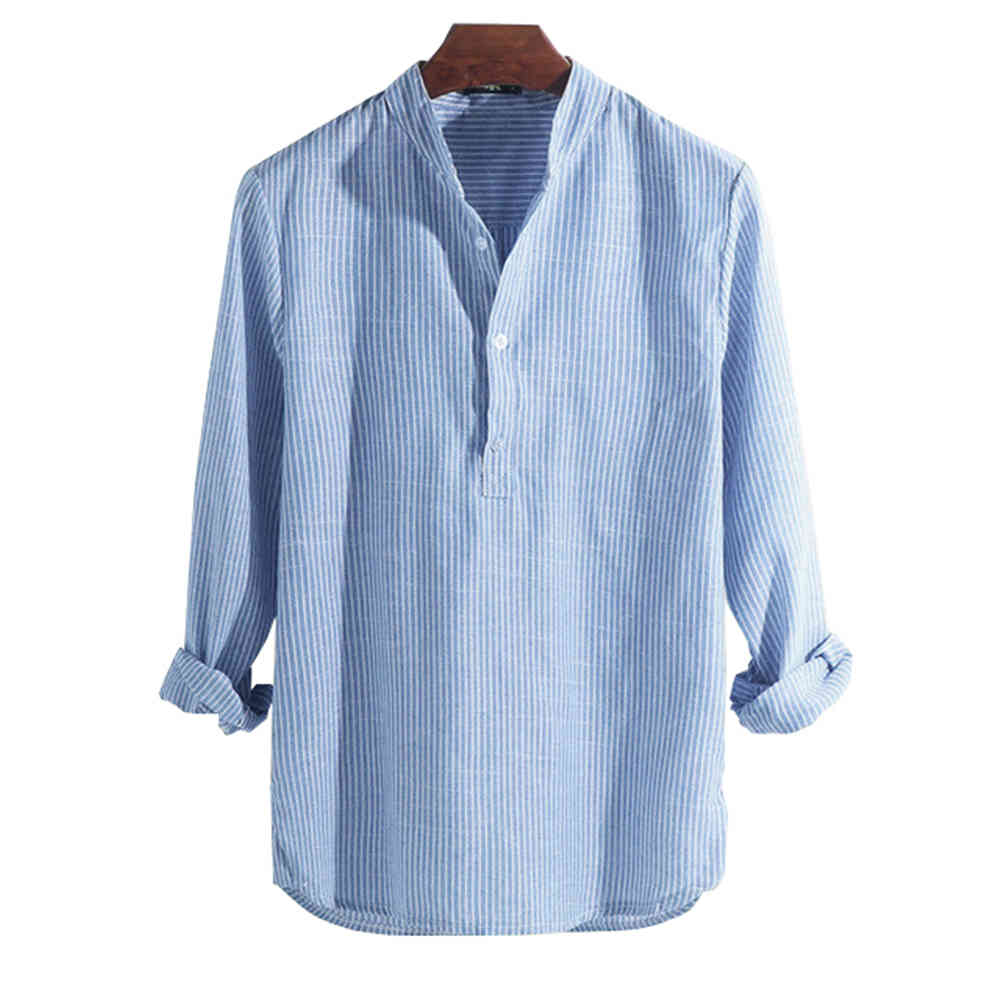 Helisopus New Cotton Long Sleeve Mens Shirts Spring Autumn Striped Slim Fit Stand Collar Shirt Male Clothes Plus Size 5XL 210410