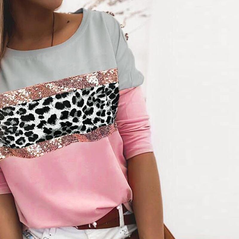 Summer T Shirts Women Leopard Printed Fashion Casual Sequins O-Neck Tops Long Sleeve Ropa De Mujer