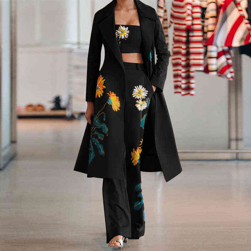 Women Long Trench Coat Sets 's Autumn Winter Fashion Temperament Print Flower Windbreaker Wide Leg Pants Suit 211105