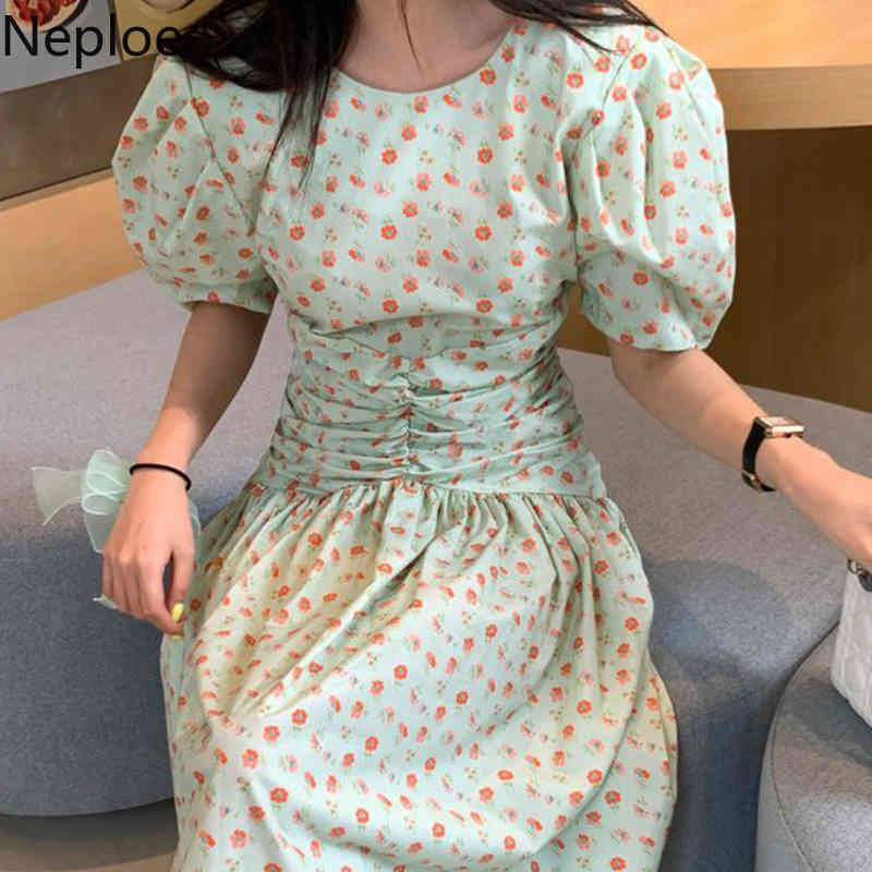 Neploe Women Dress Summer Korean Chic Robe Sweet O Neck Floral Ruffles Slim Vestidos Pleated Temperament Vintage Dresses 210422