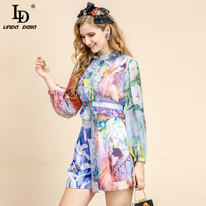 Summer Casual Holiday Suit Print Long Sleeve Bow Lace up Crop Top Beach Shorts Outfits Ladies 2 Piece Set 210522