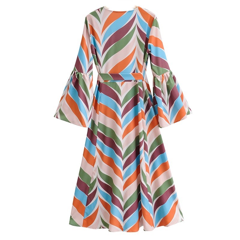 French Cross V neck Wave Striped Print Wrap Dress Vintage Lacing up Waist Split Slim Women Flare Sleeve Long Tea Dresses 210429