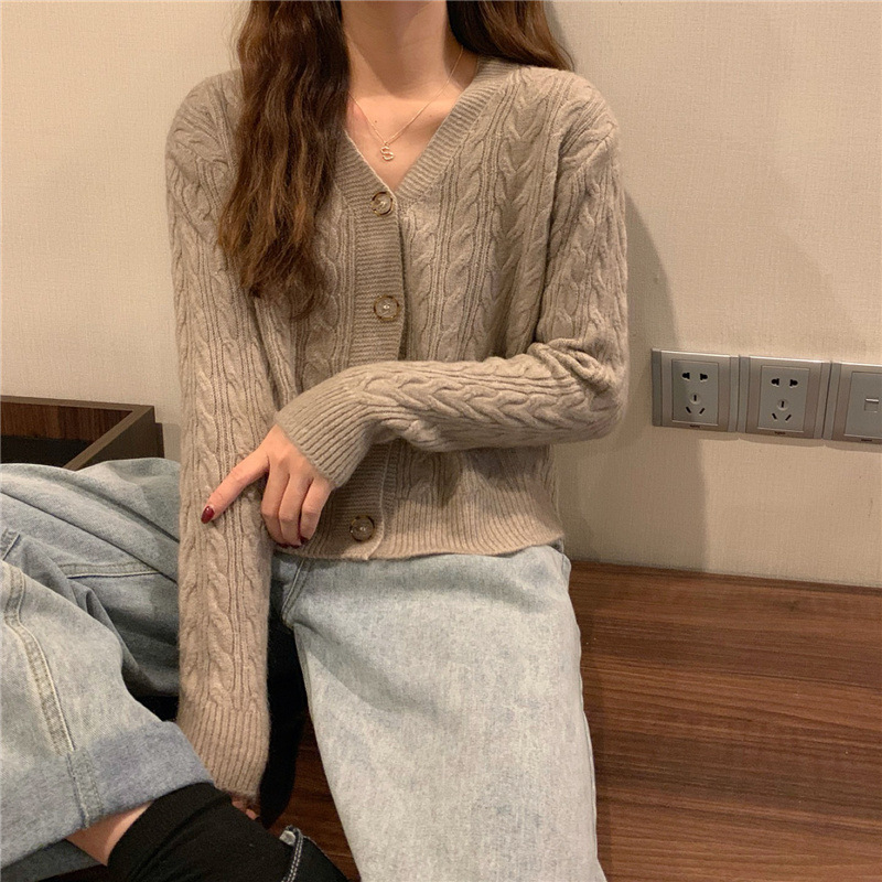 autumn and winter cardigans women solid loose v-neck all-match twist long-sleeved sweater coat 210427