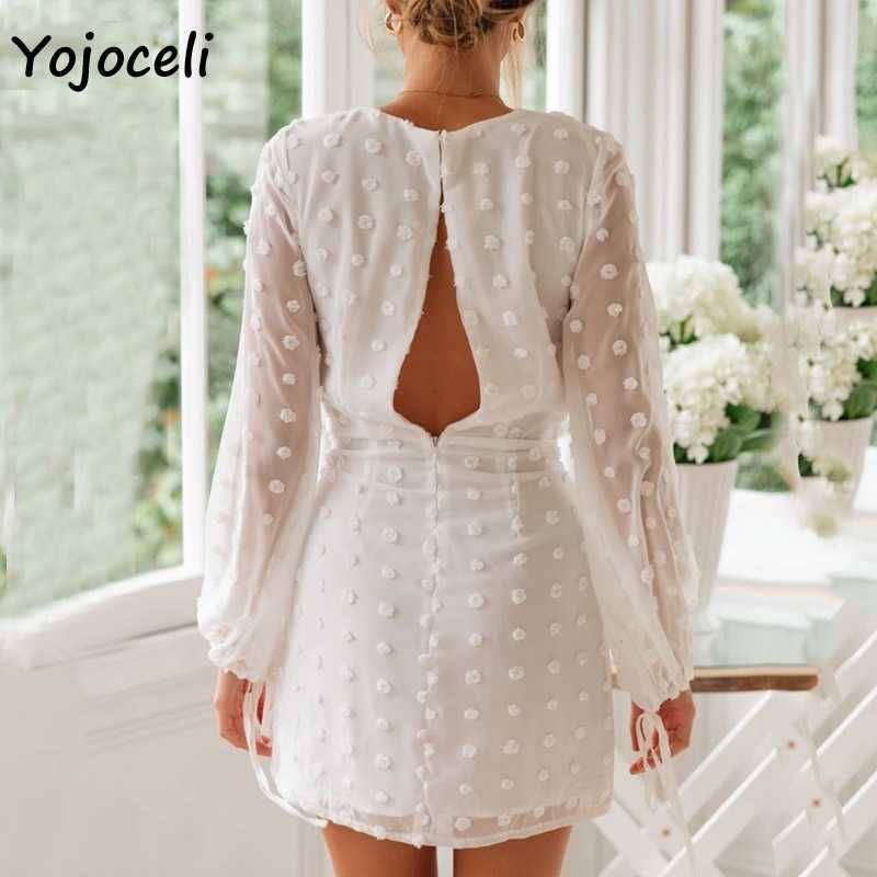 Yojoceli boho white chiffon jacquared dres v neck long sleeve chic female vestidos trendy autumn beach 210609