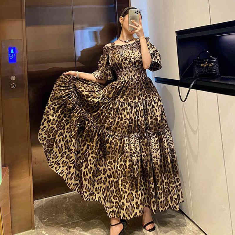 Leopard Print Sling Dress For Women Square Collar Short Sleeve High Waist Sexy Midi Dresses Female Summer 210520