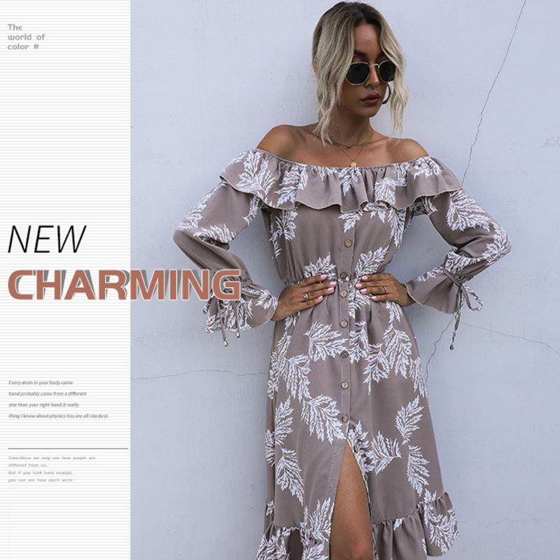 Sexy Women's Party Dress 2021 Ruffle Printed Buttons Elegant Long Sleeve For Prom Night Dresses Ladies Clothes Casual