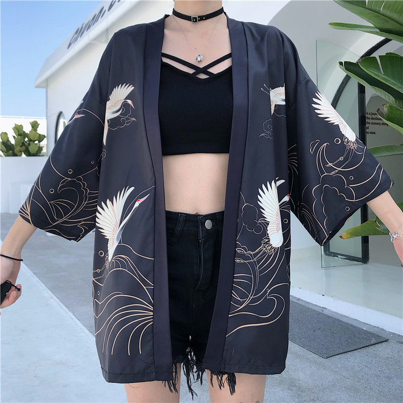 Japanese Kimono Women Harajuku Shirts Embroided Blouses Loose Casual Tops Cosplay With Belt 210519