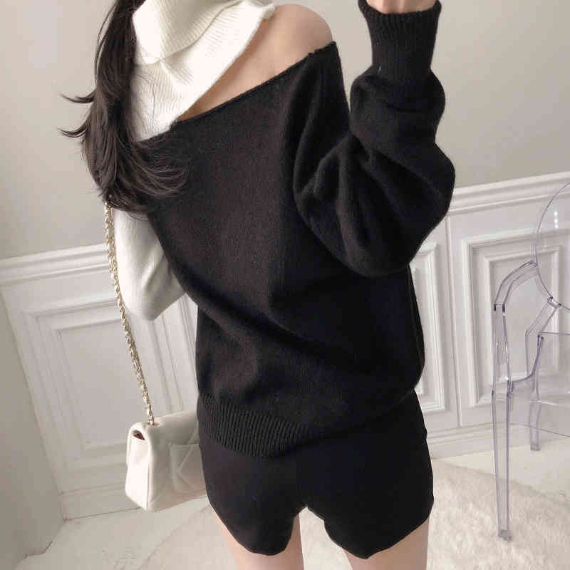 Women's Irregular Sweater Autumn Winter Contrast Color Turtleneck Pullovers Female Off Shoulder Loose Jumper Fashion 210506