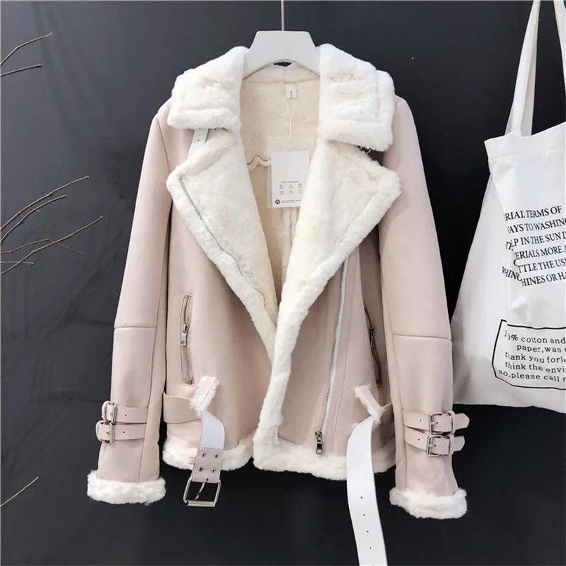 Women Winter Suede Lamb Cold Days Coat Thick Warm Jacket Short Motorcycle Belt Tops Wool Sheepskin Outwear Loose Korea 211019