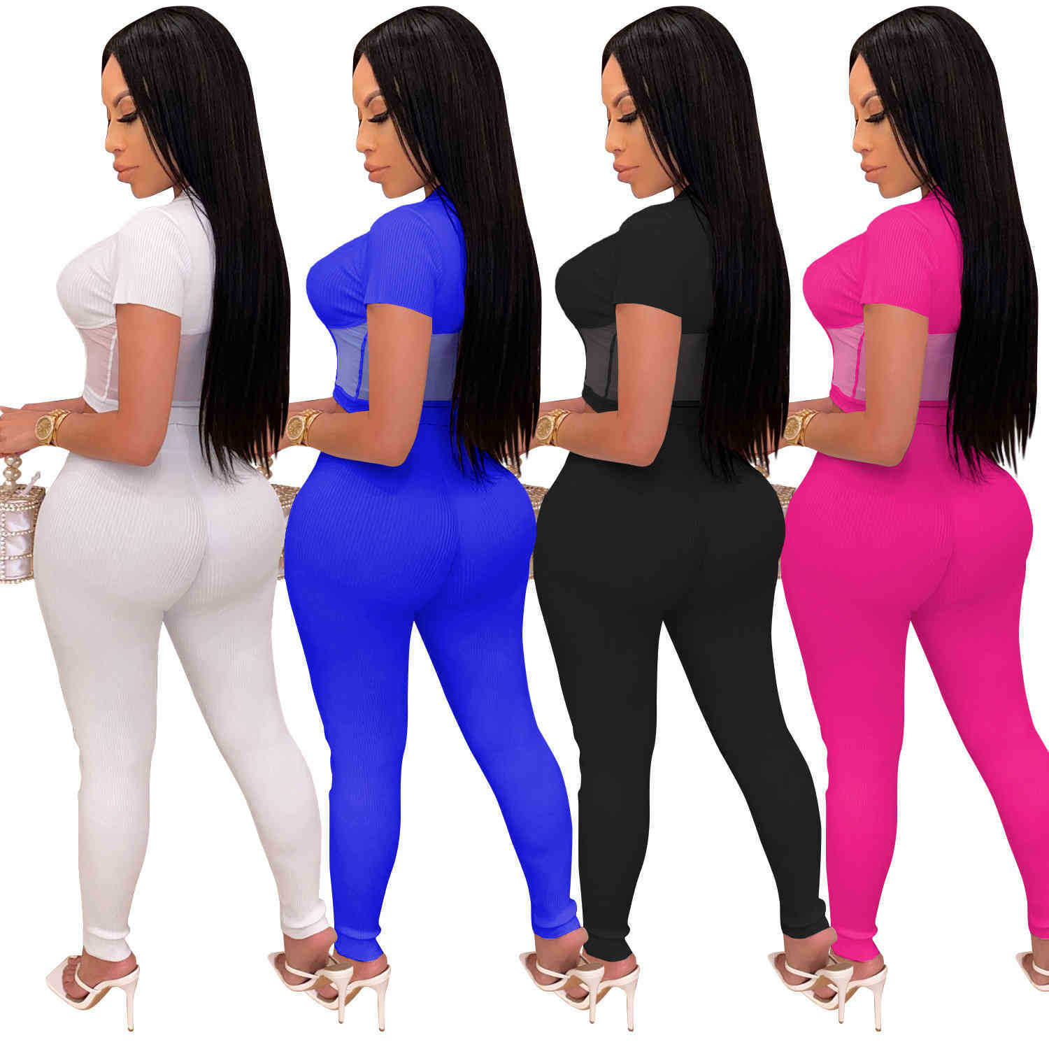 Designer New Women's Tracksuits Women Two Piece Set tracksuits Designer Mesh perspective short sleeve pencli Pants Suit Night Club Party Casual L