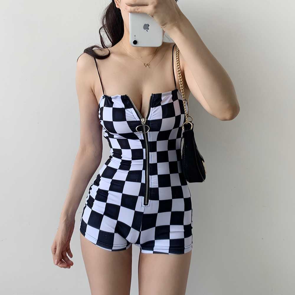 WOMENGAGA Super Sexy China Girl Female Shoulder Strap Tank Plaid Zipper Playsuits Korea Romper Summer SODT 210603